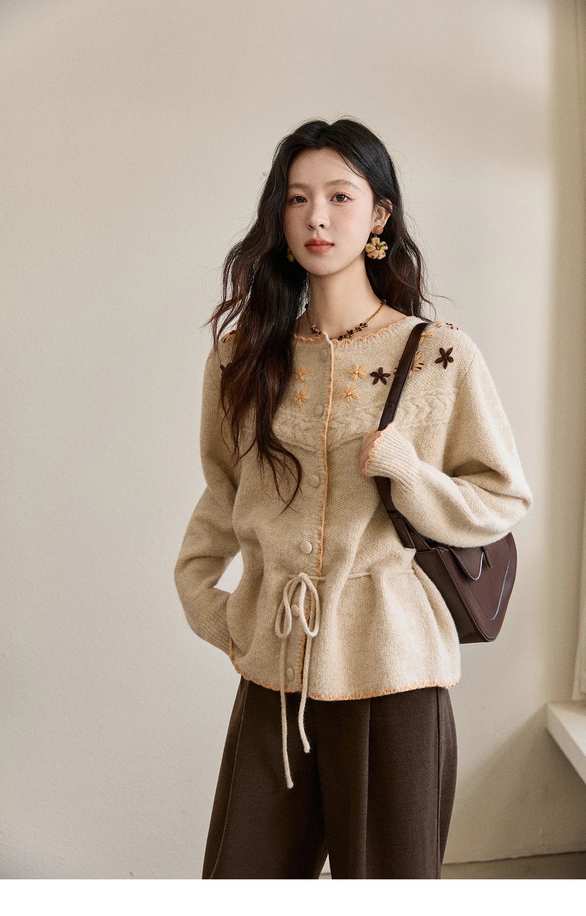Mishow Apricot Hand-Embroidered Wool Blend Waist Tie Cardigan MXE87Z2702