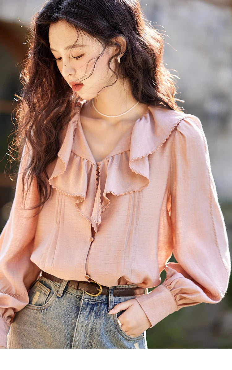 MISHOW Lotus Leaf Collar Shirt Bubble Sleeves Pink Chiffon MXE12X1702