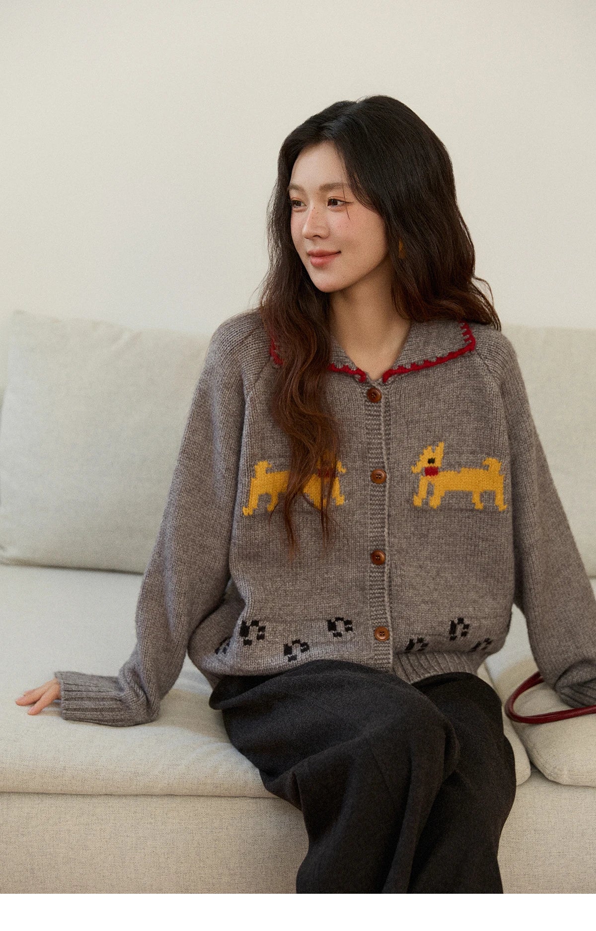 Mishow Dog Cartoon Jacquard Turn-Down Cardigan MXE86Z2727