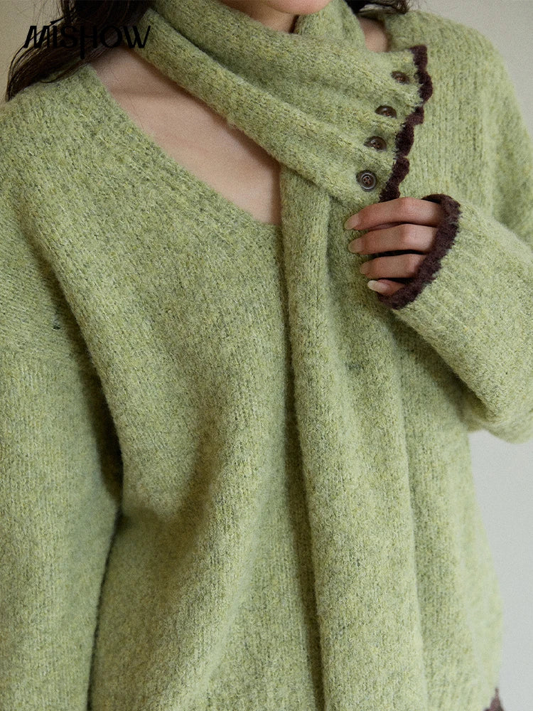 Mishow Green Detachable Scarf V-Neck Pullover MXE90Z2791