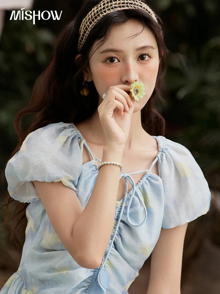 MISHOW V-Neck Lace-Up Puff Sleeve Midi Dress MXE34L2227