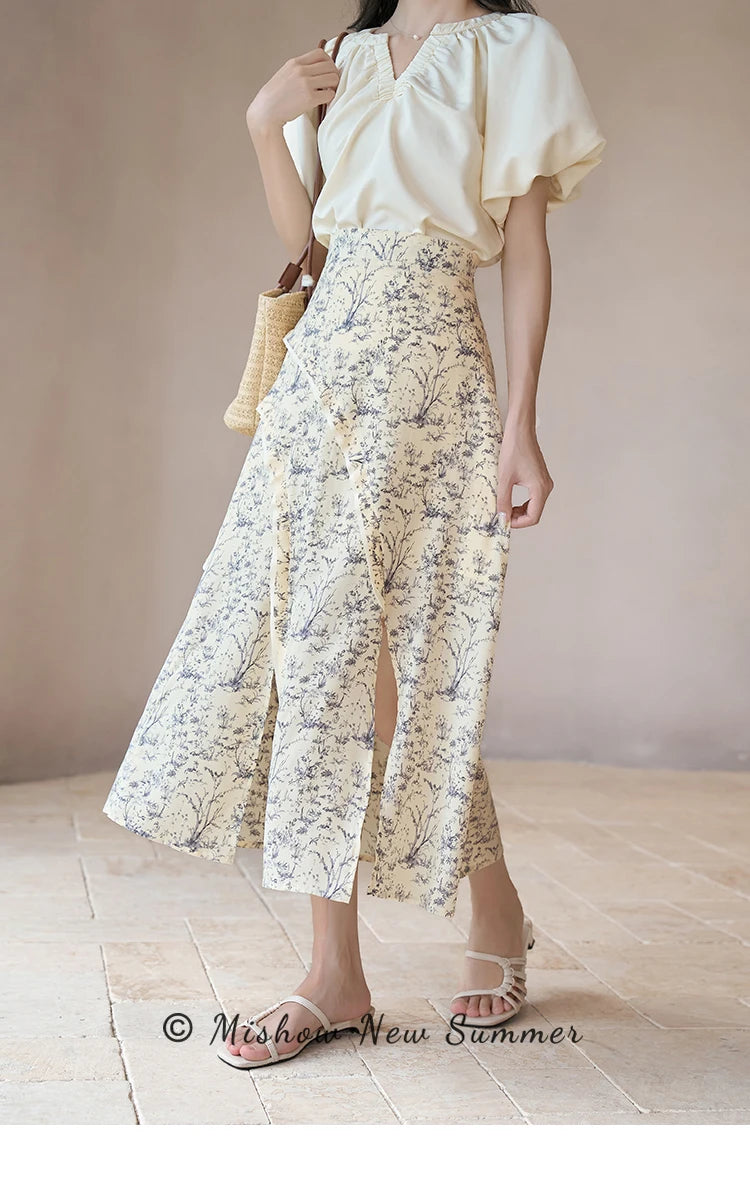 MISHOW Retro Floral Midi Skirt Side Split High Waist Elastic MXC37B0044