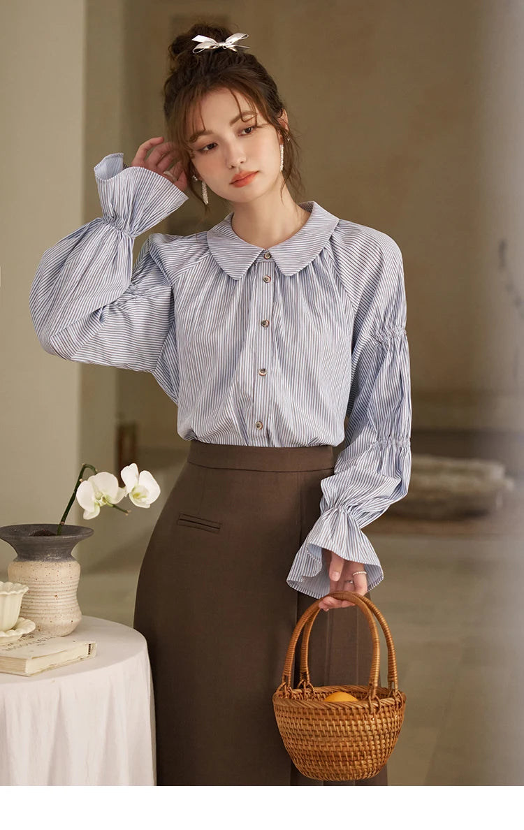 MISHOW Blue Stripe Shirt Bubble Sleeves Doll Neck MXD12C0163