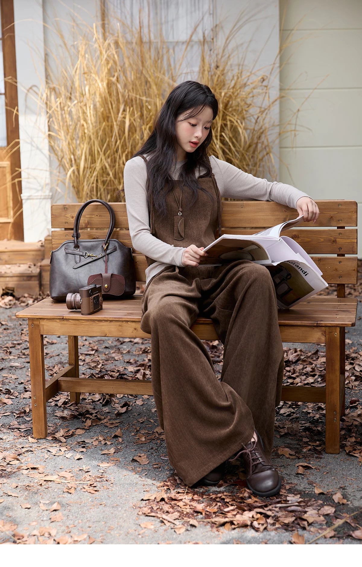 Mishow Brown Vest & Gray Top & Wide Leg Pants 3-Piece Set MXE49T1422
