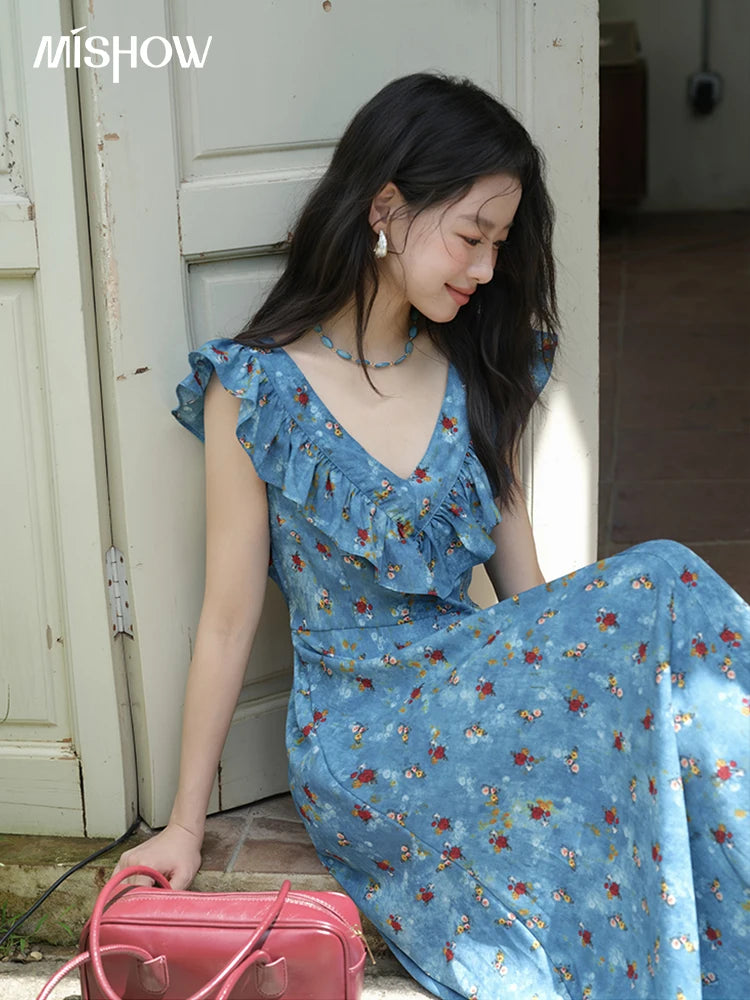 MISHOW Floral V-Neck Lace-Up Flying Sleeve Dress MXE39L2436