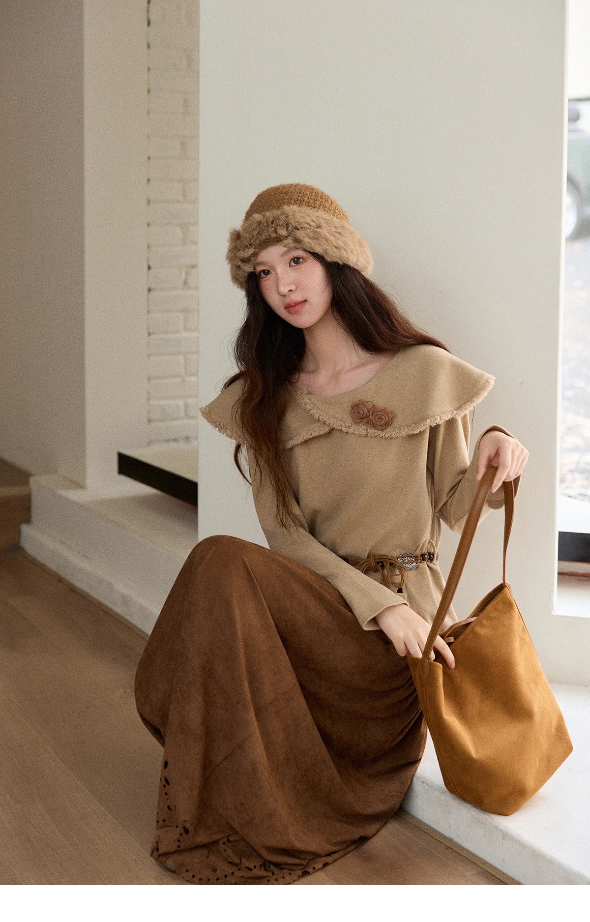 Mishow Retro Brown 3D Flower Decoration Round Neck Top MXE51Z2593