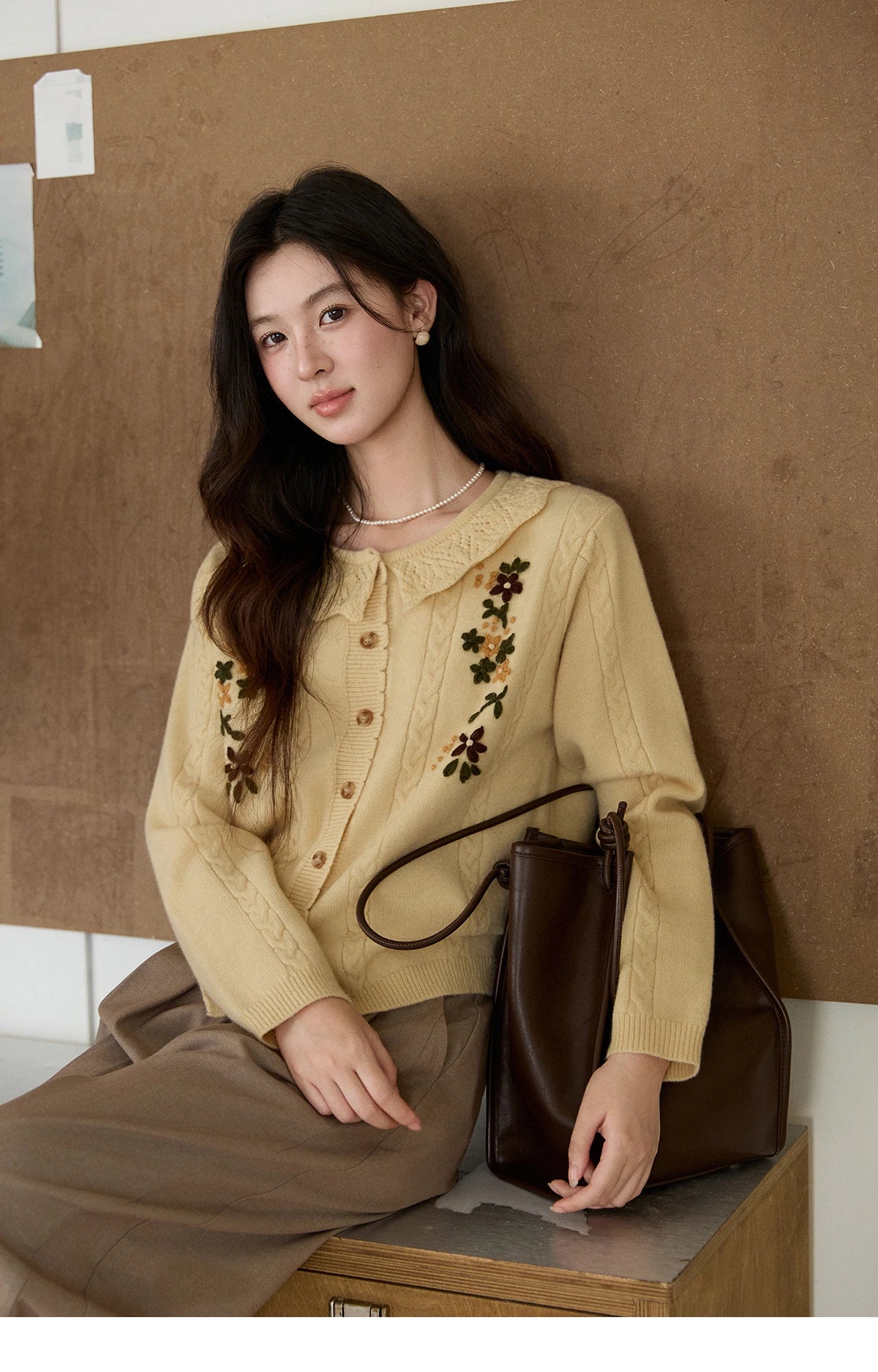 Mishow Peter Pan Collar Floral Cable Cardigan MXF11Z2904