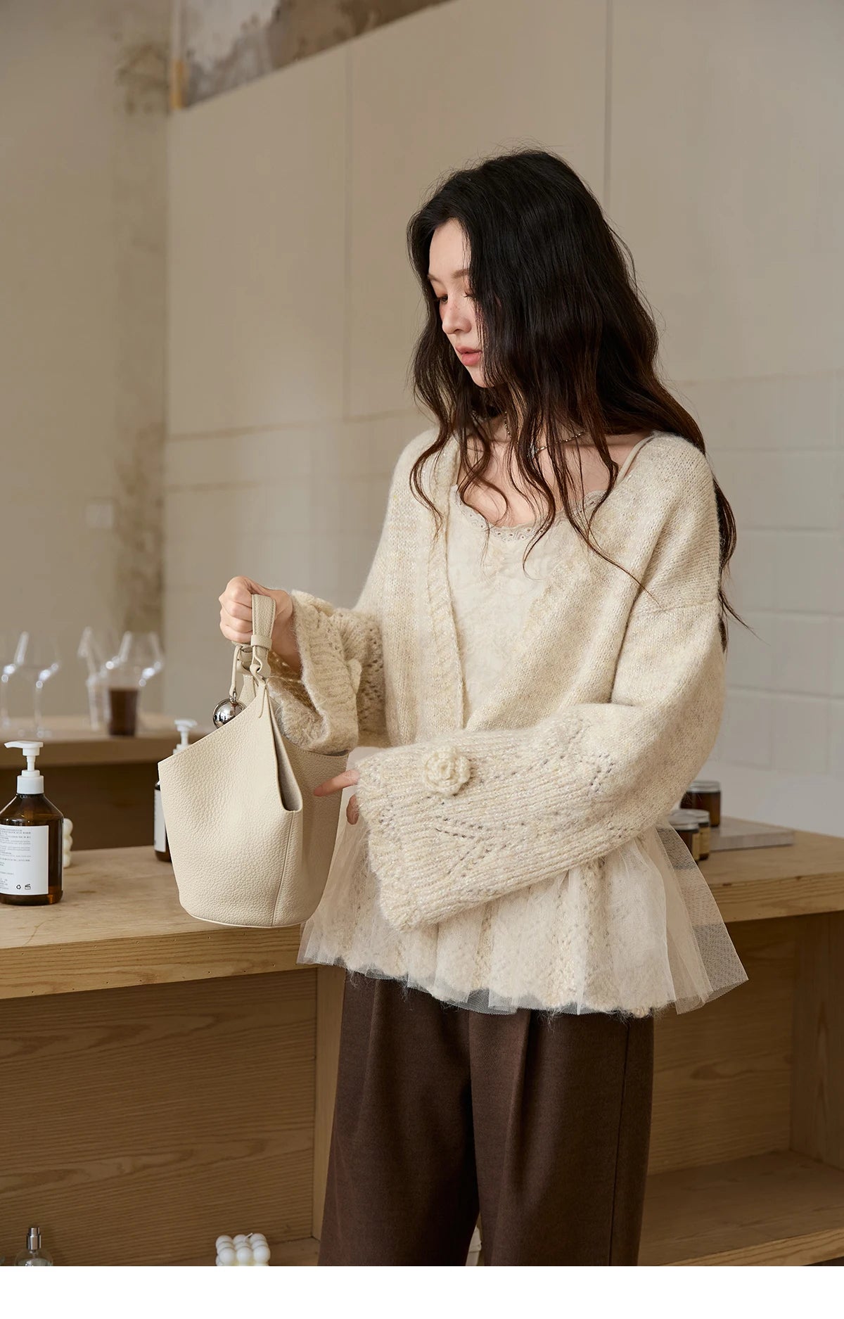 Mishow Apricot Mesh Flower Drawstring Cardigan MXE88Z2707