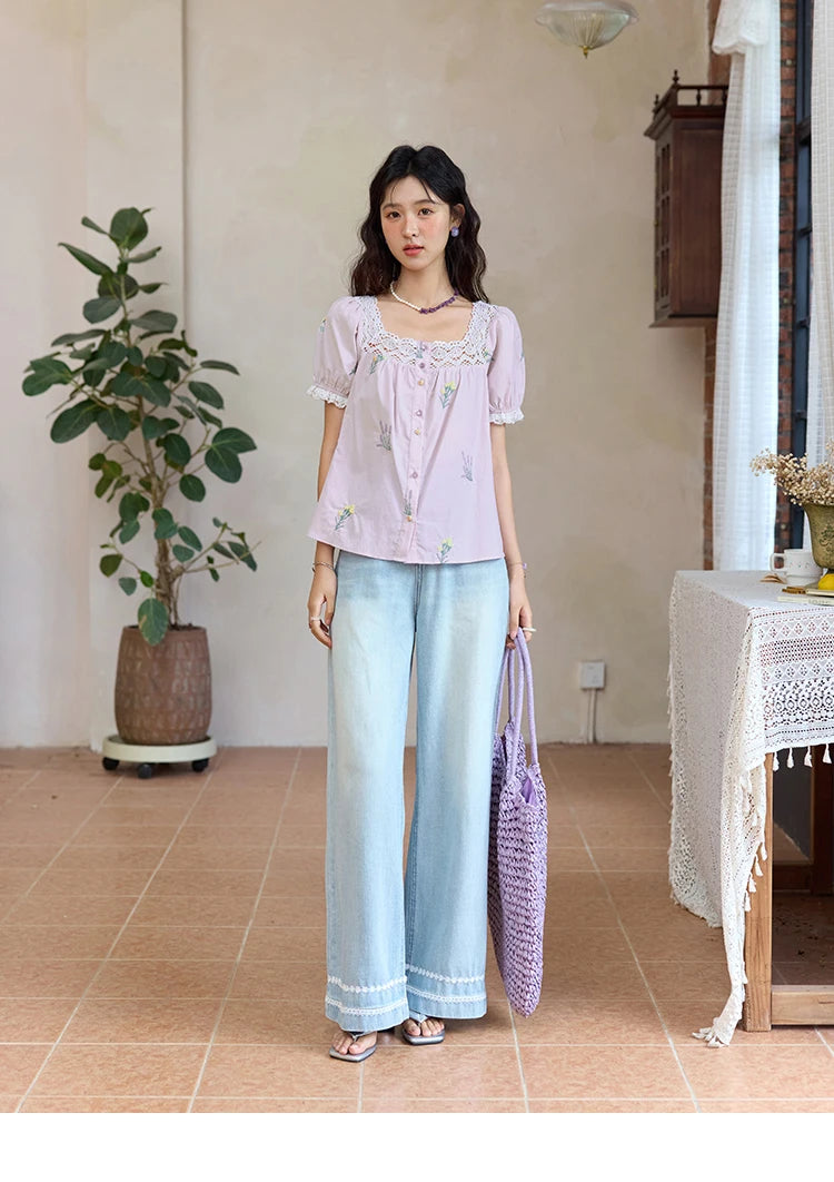 MISHOW Lace Patchwork Square Collar Blouse Puff Sleeve MXE36X1830