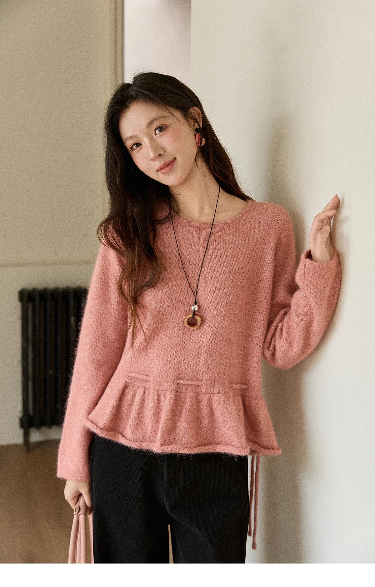 Mishow French Pink Ruffled Hem Pullover with Drawstring Belt MXE90Z2824