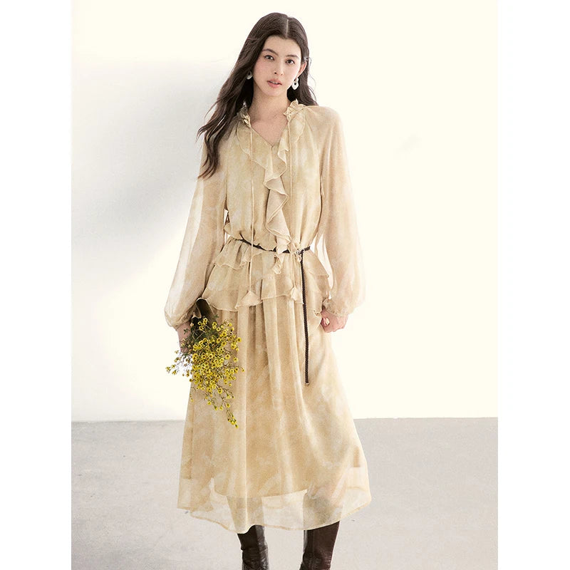 MISHOW Light Yellow Chiffon Maxi Dress V-Neck Ruffled Belted MXF11L2554