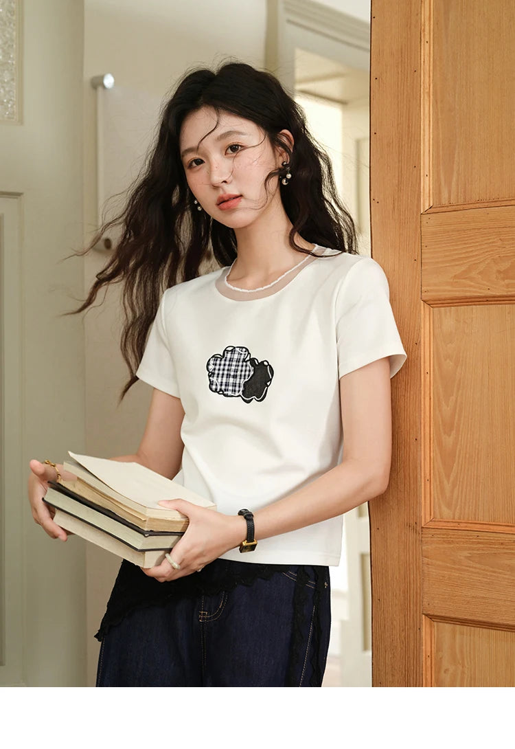 Mishow Lace Edge Splicing Round Neck Tee MXE38T0630