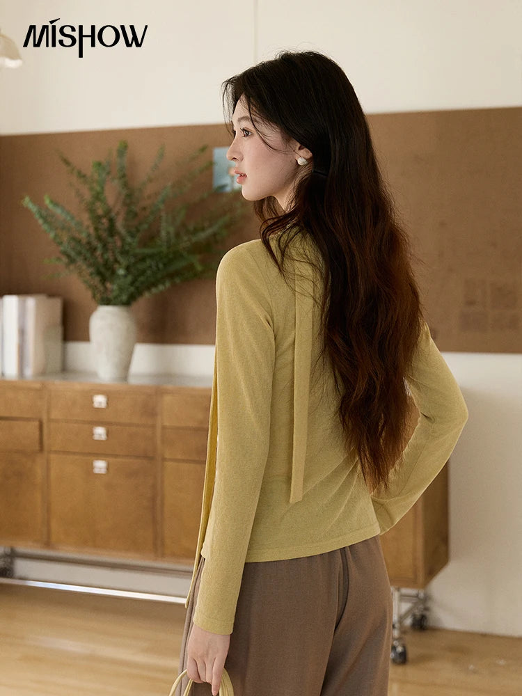 Mishow Yellow Lace Splicing Ribbon Collar Top MXF108Z1030
