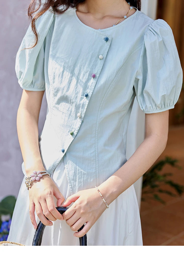 MISHOW Bubble Sleeve Blouse Irregular Placket Rainbow Buttons MXE34X1782