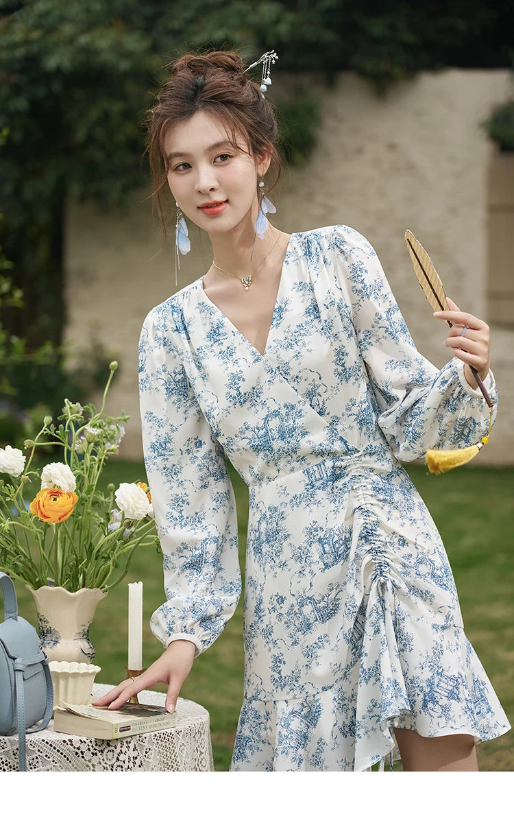 MISHOW French V-Neck Blue Porcelain Print Dress MXD15L1673