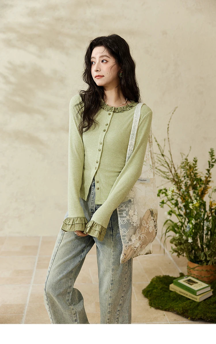 Mishow Green Plaid Lotus Leaf Sleeve Tee MXE14Z1152