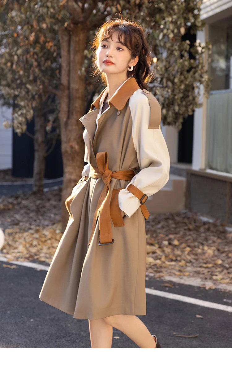 Mishow Khaki Contrast Color Spliced Trench Coat MXB31W0367