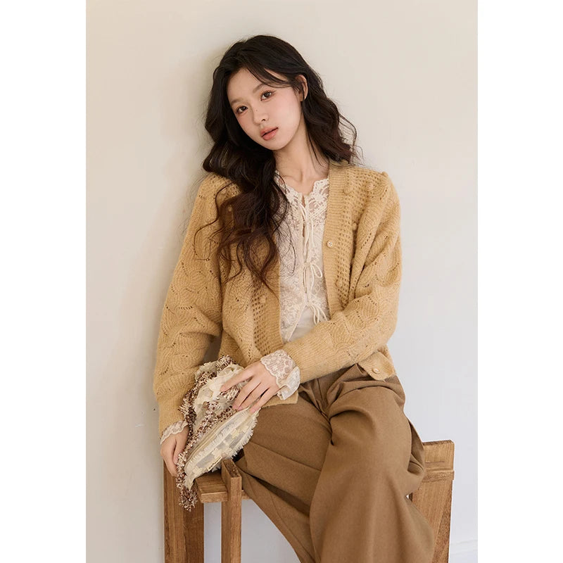 Mishow Hollow-out V-Neck Bobble Knit Cardigan MXF108Z1020