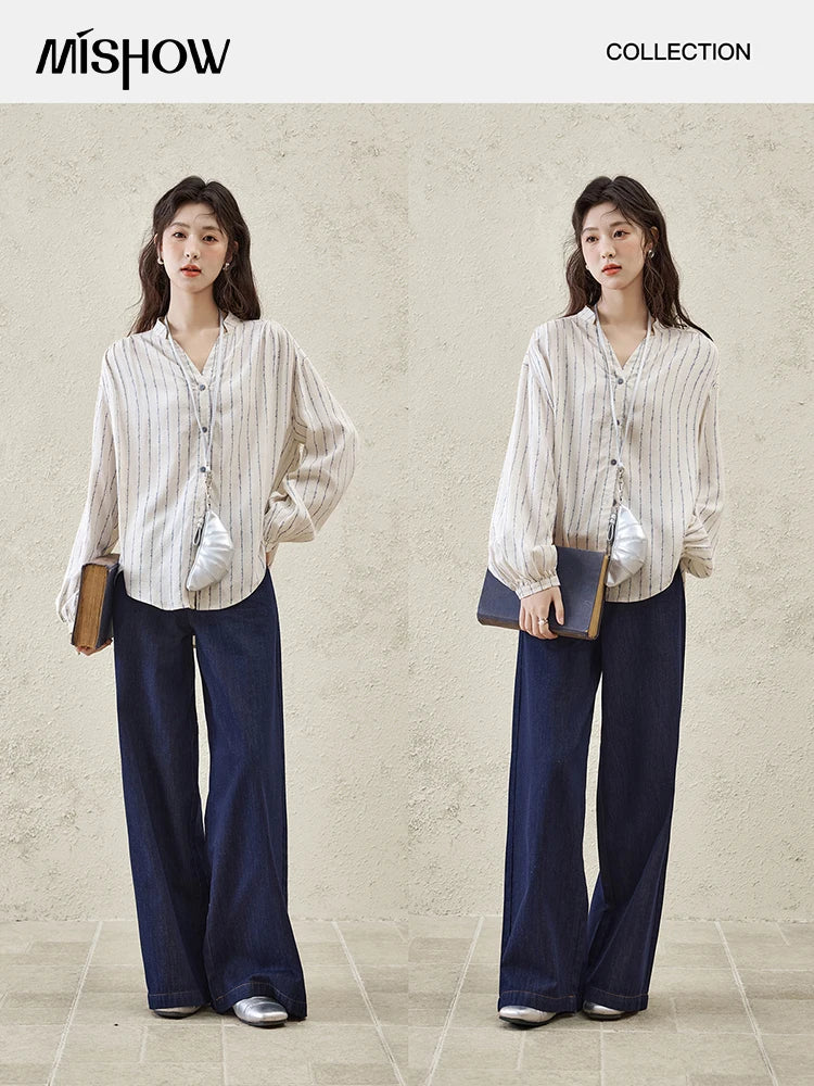 Mishow Stitching Ruffle High Waist Wide Leg Jeans MXE16K0907