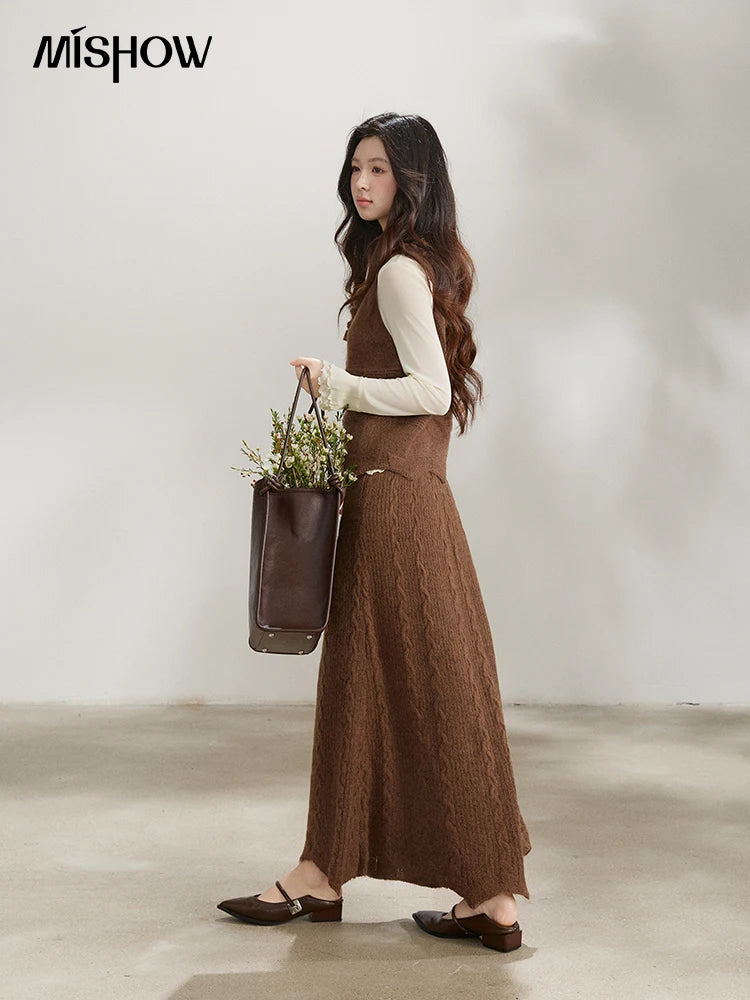 Mishow Brown Knitted Vest & Cable Knit Maxi Skirt Set MXF11T1460