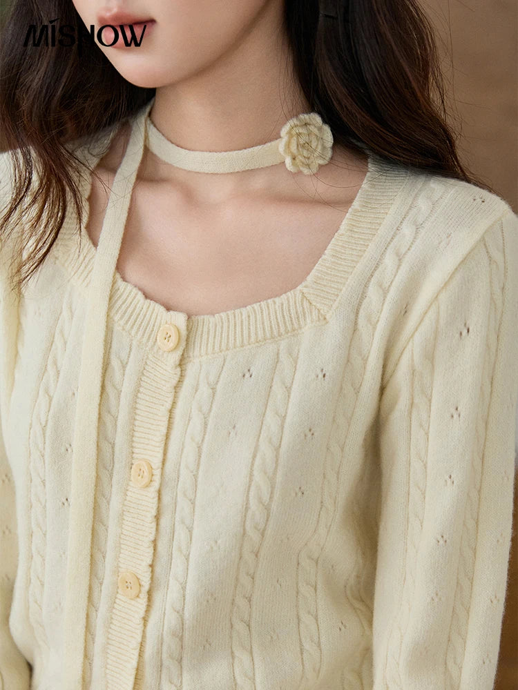Mishow Beige Cable Knit Square Neck Cardigan MXF11Z2903