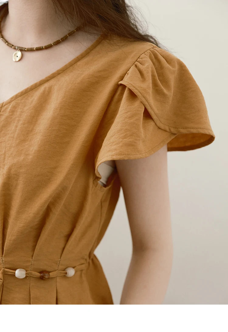 MISHOW Petal Sleeve Slim Shirt V-Neck Bead Belt MXE39X1881