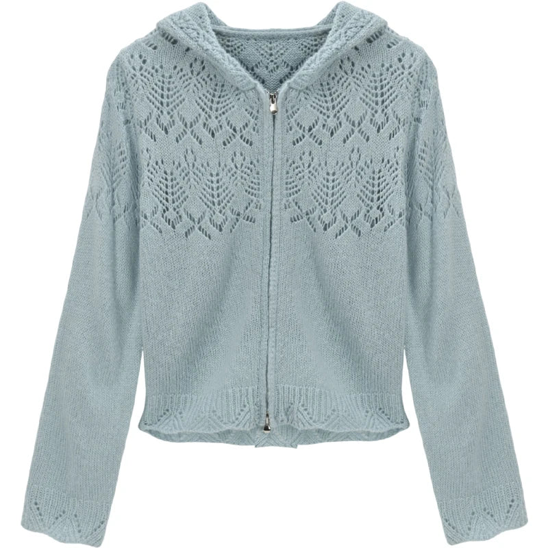 Mishow Blue Hooded Hollow Knit Zipper Cardigan MXE46Z2584