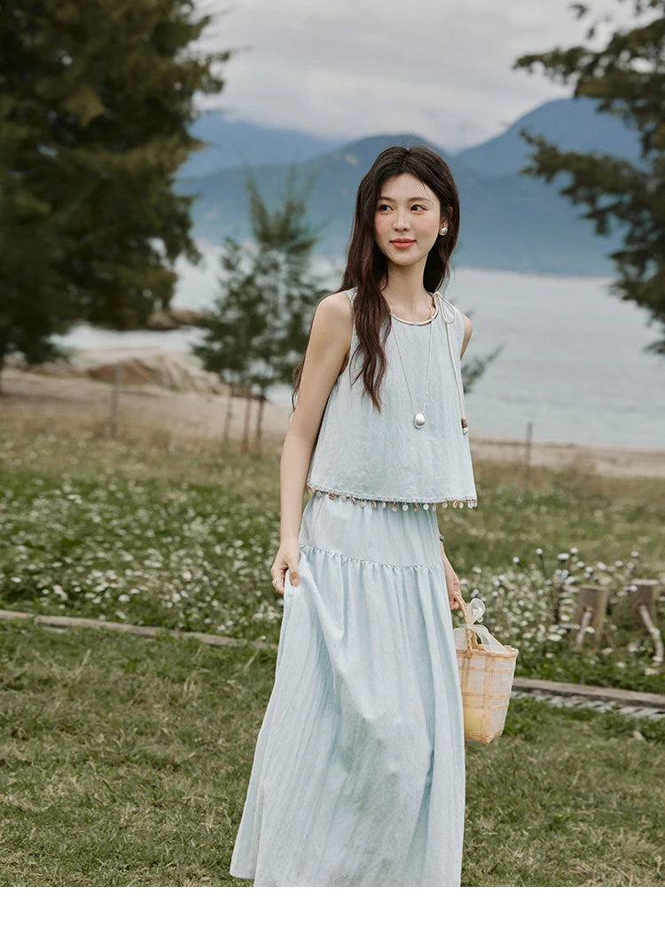 Mishow Sleeveless Round Neck Vest & Solid Midi Skirt Set MXE33T0526