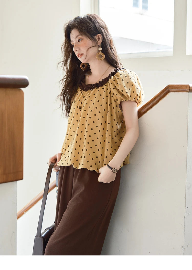 Mishow Polka Dot Puff Sleeve Top & Wide Leg Pants Set MXE39T0657