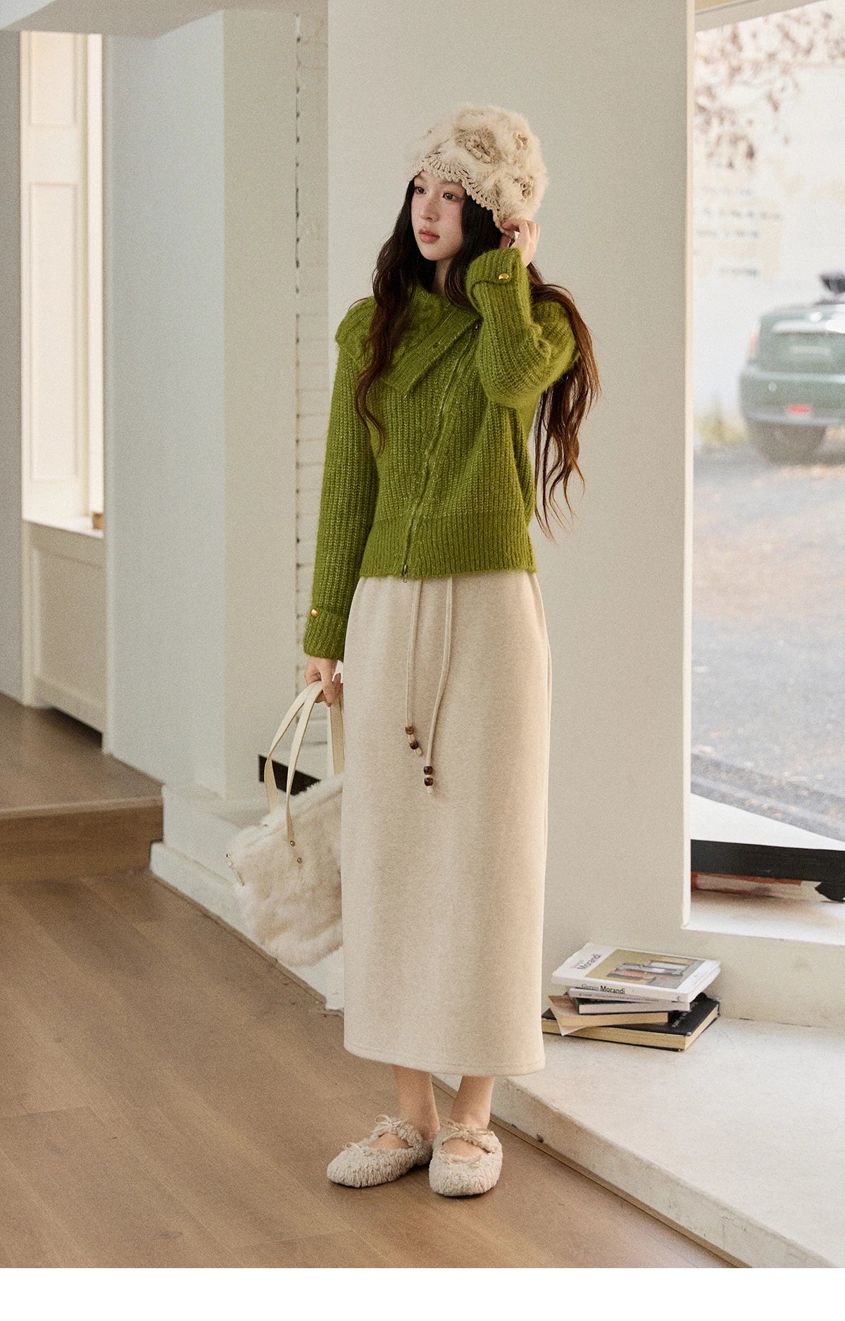 Mishow Green Wool Blend Long-Pile Large Lapel Pullover MXE90Z2760