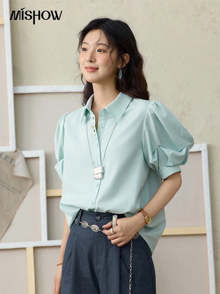 MISHOW Light Green Bubble Sleeve Shirt Lapel Collar Irregular Buttons MXE34C0788