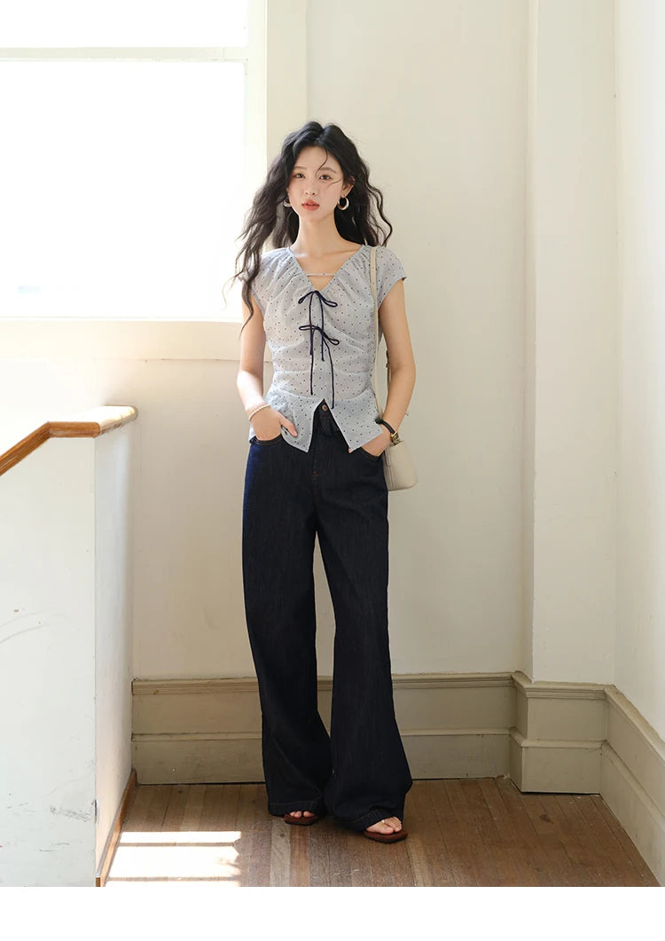 MISHOW V-Neck Bow Spliced Polka Dot Blouse Garment Sleeves MXE37X1909