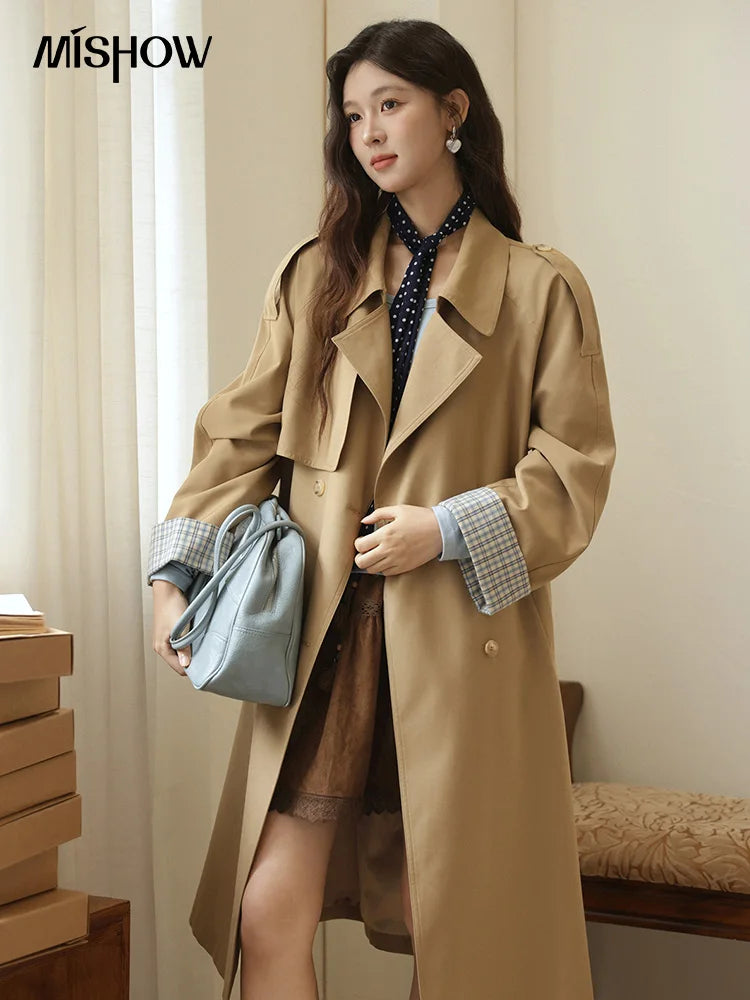 Mishow Khaki Retro Plaid Flip Sleeve Trench Coat MXE44W0814