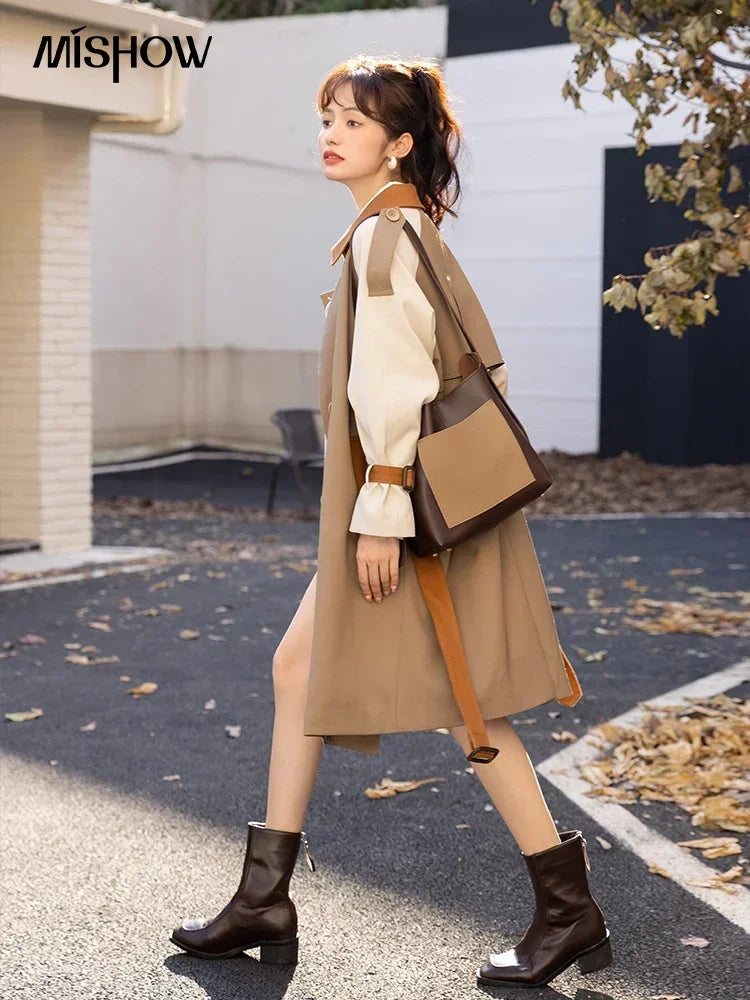 Mishow Khaki Contrast Color Spliced Trench Coat MXB31W0367