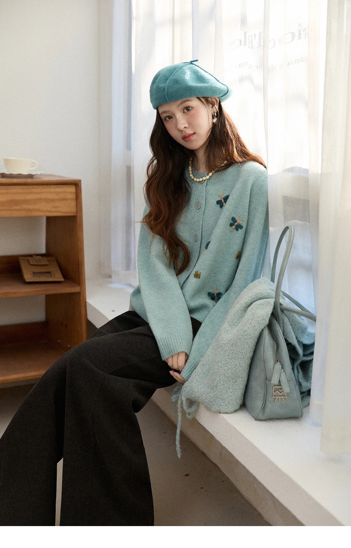 Mishow Blue Butterfly Embroidered O-Neck Cardigan MXE90Z2818
