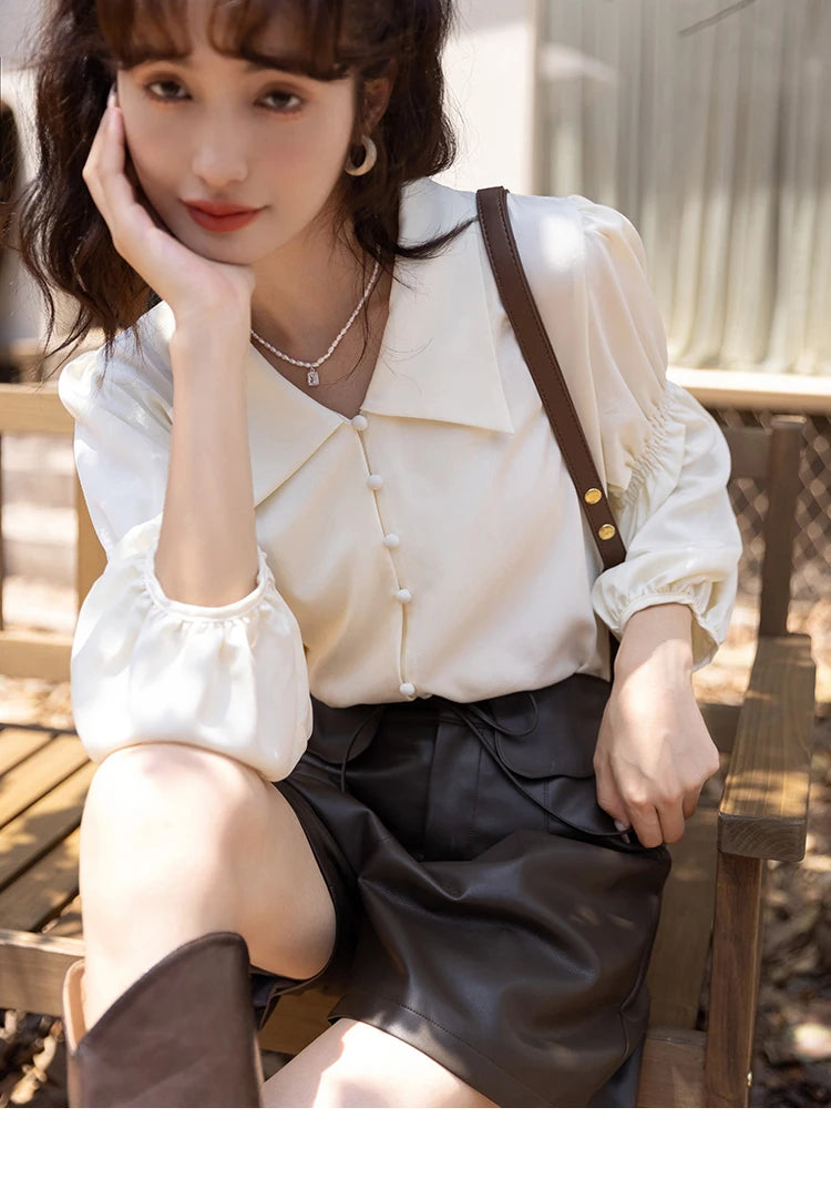 MISHOW Vintage French Lantern Sleeve Blouse Turndown Collar MXB32C0508