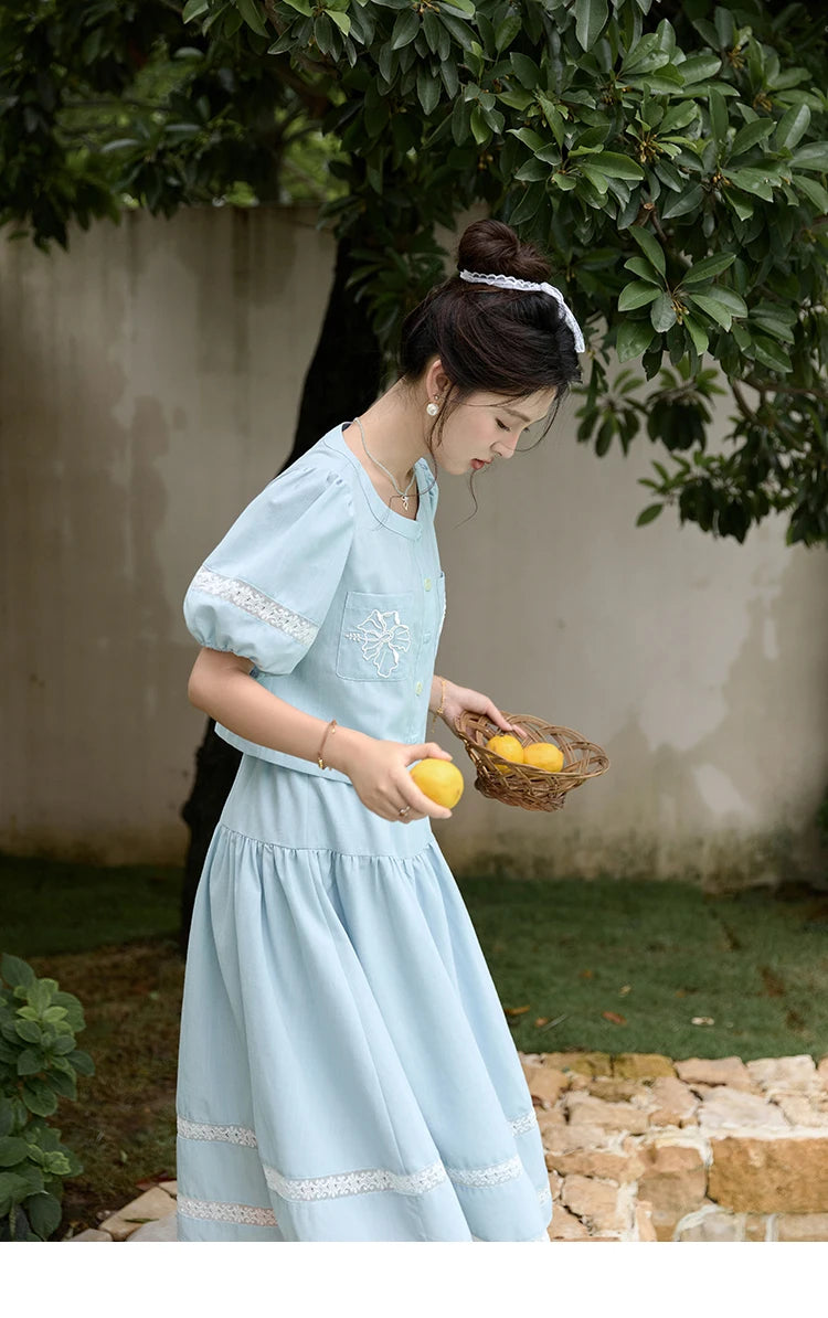 MISHOW Blue Lace Patchwork Top Elastic Waist Skirt Set MPD22B0450