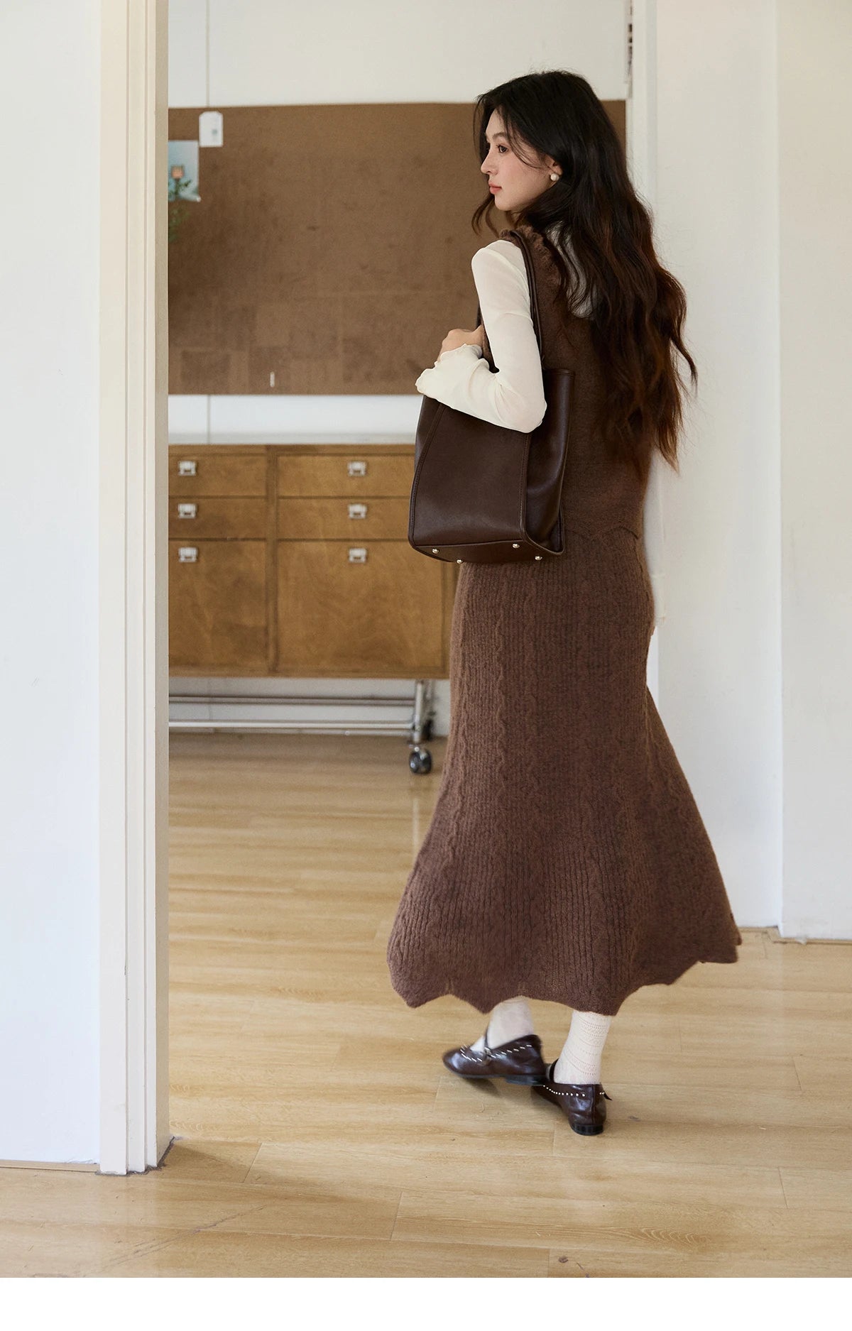 Mishow Brown Knitted Vest & Cable Knit Maxi Skirt Set MXF11T1460
