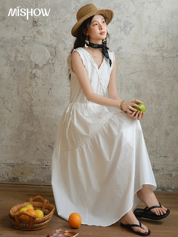 Mishow V-Neck Lace Drawstring Waist Dress MXE37L2331