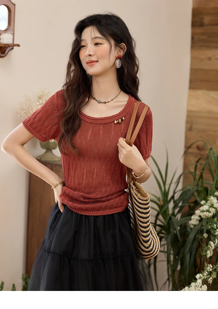 Mishow Retro Red Hollow Bead Knit Tee MXE35Z1271