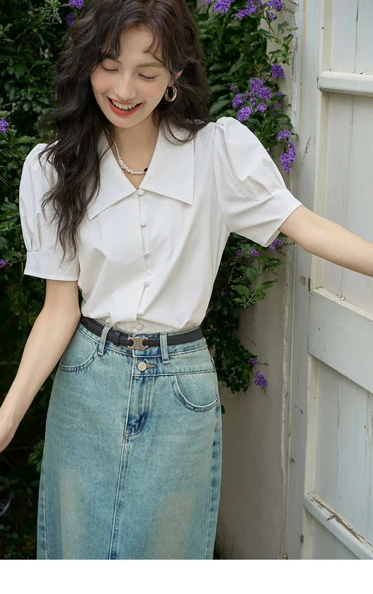 MISHOW Bubble Sleeve V-Neck Shirt Lapel Collar Loose MXD28X1471