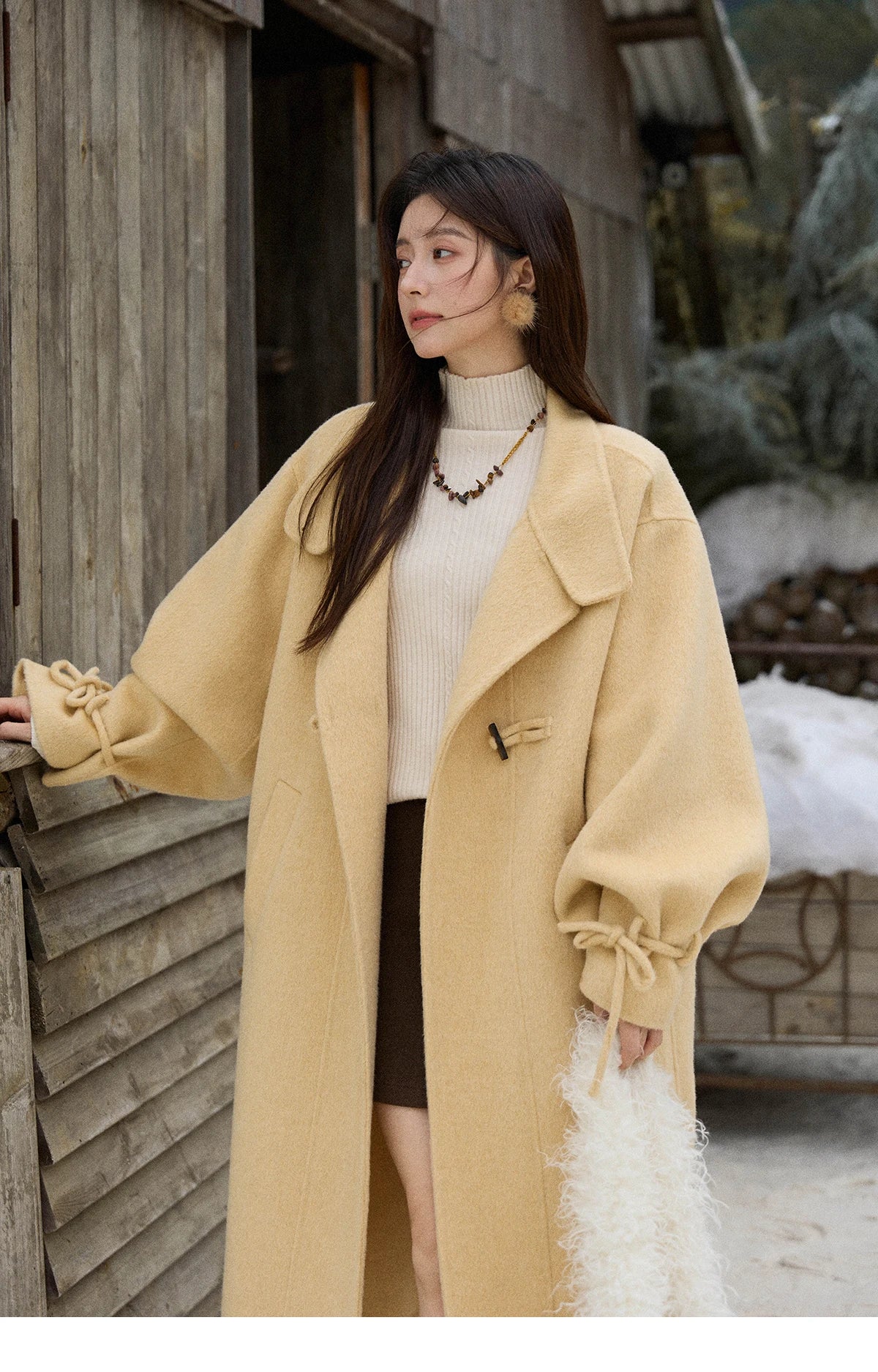 Mishow Yellow 100% Wool Double-Faced Turtleneck Coat MXE51W0902