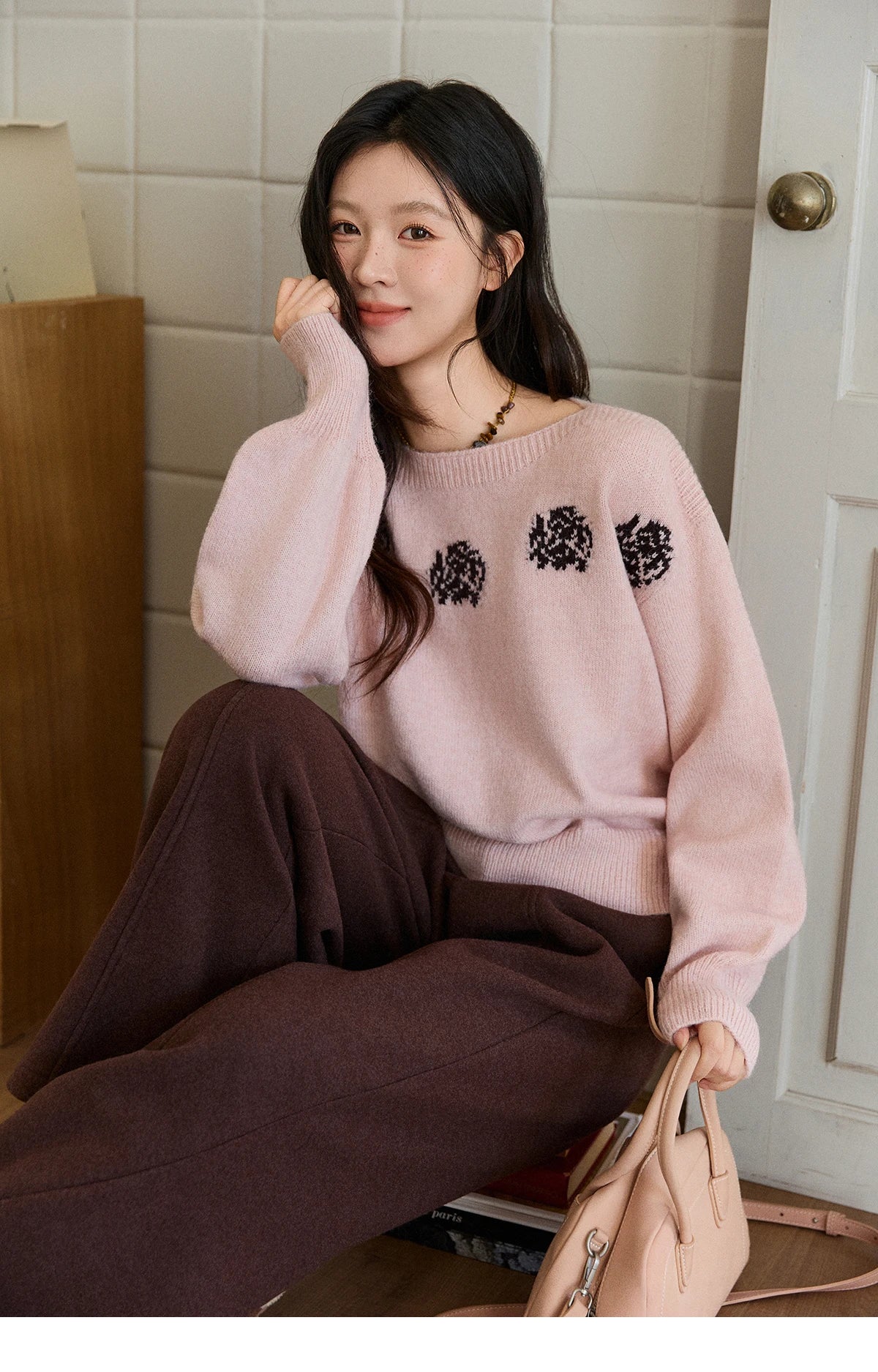 Mishow Pink Jacquard Lantern Sleeve Drop Shoulder Sweater MXE91Z2775