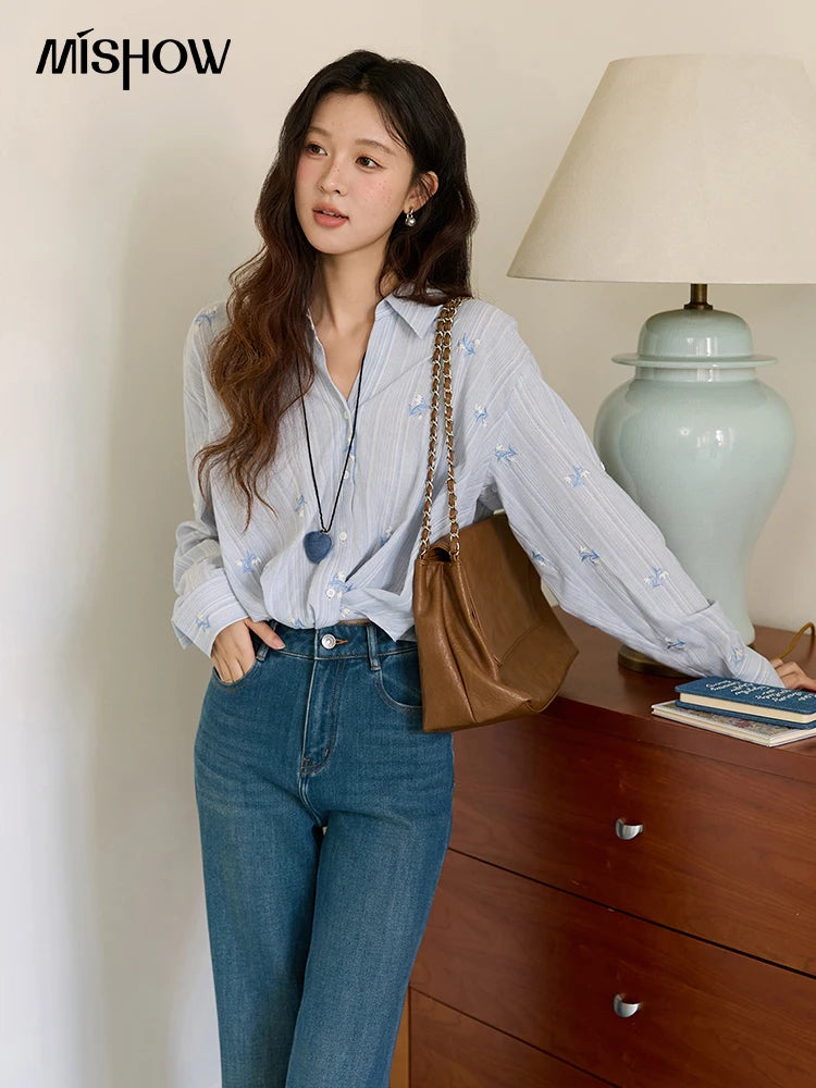MISHOW Women's Long Sleeve Blouse Floral Embroidery Retro Shirt MXE45X2495