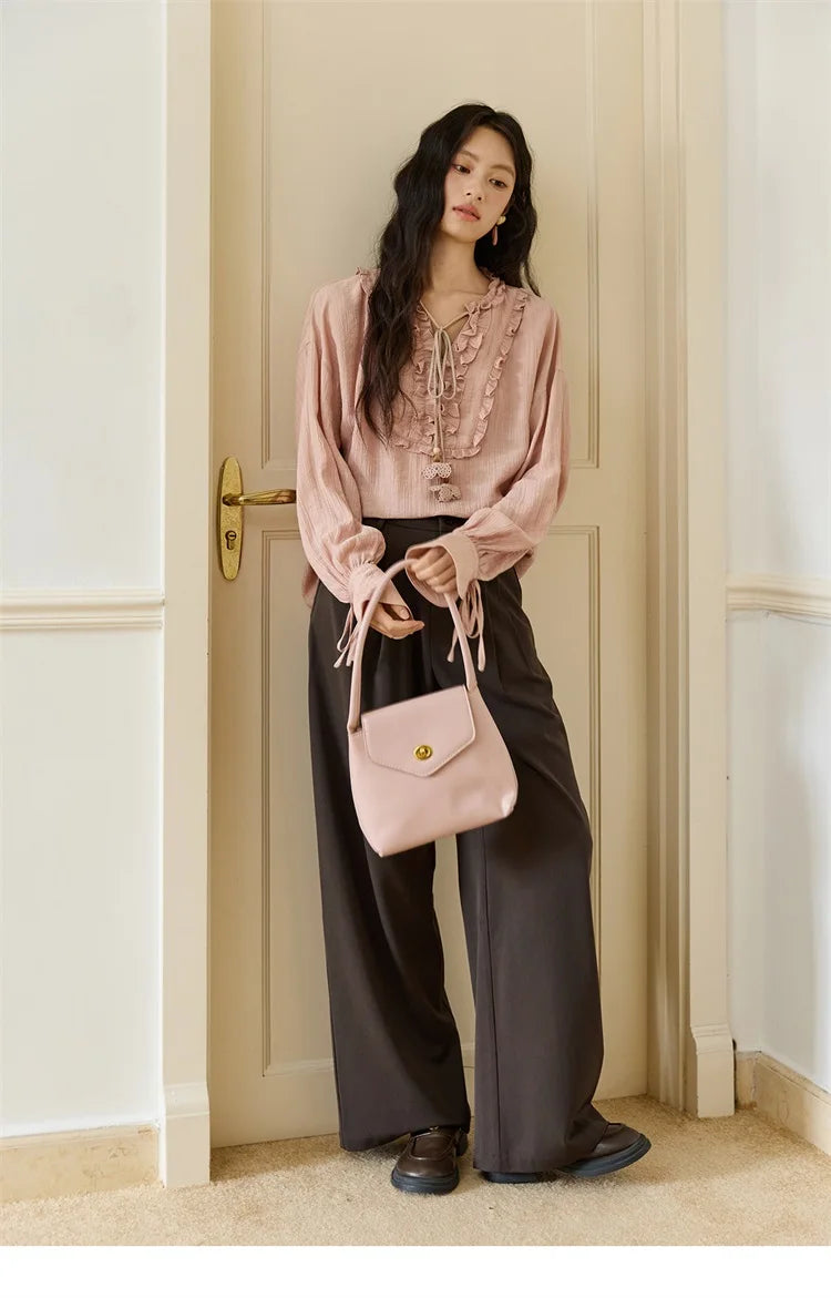 MISHOW Pink Blouse V-Neck Bubble Sleeve Fold Edge MXE45X2485