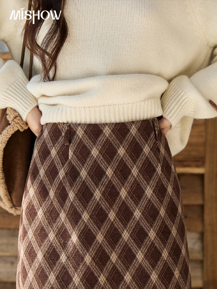 MISHOW Brown Plaid Wool Blend Skirt High Waist A-Line Split Hem MXE94B2461