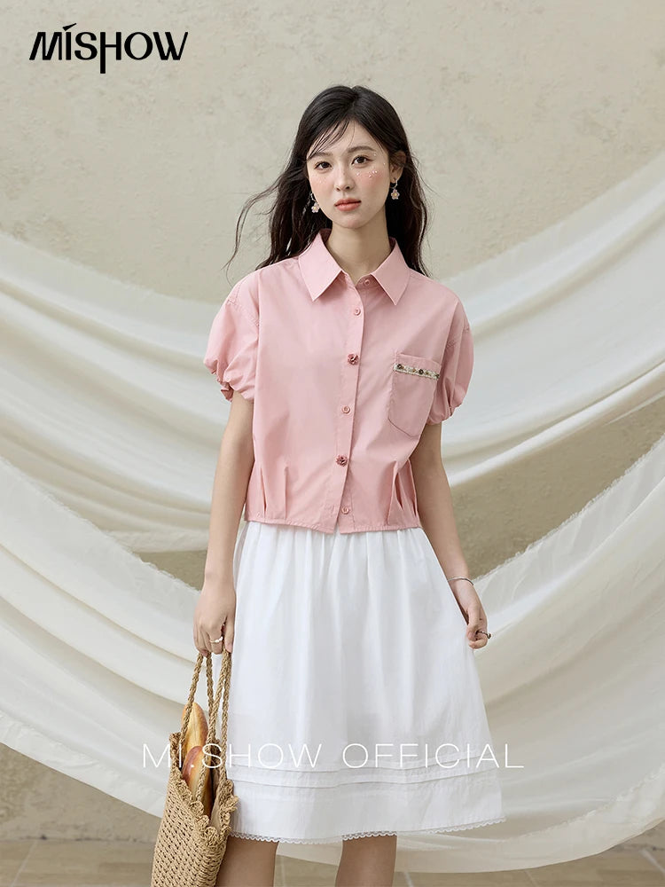 MISHOW Short Puff Sleeve Blouse Turn Down Collar Shell Ribbon MXE33C0773