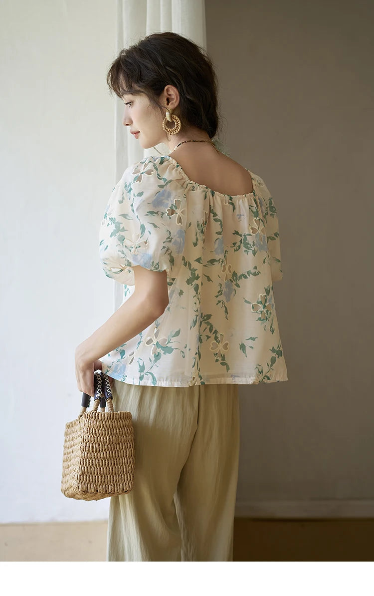 MISHOW Floral Hollow Blouse Square Collar Puff Sleeve MXD29X1602