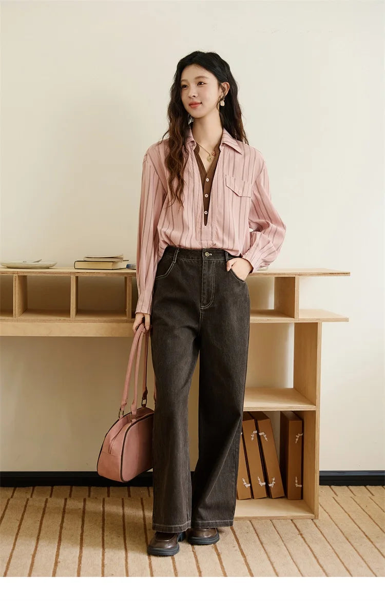 MISHOW Peach Skin Velvet Stripe Shirt Double Layered Collar MXE47C2408