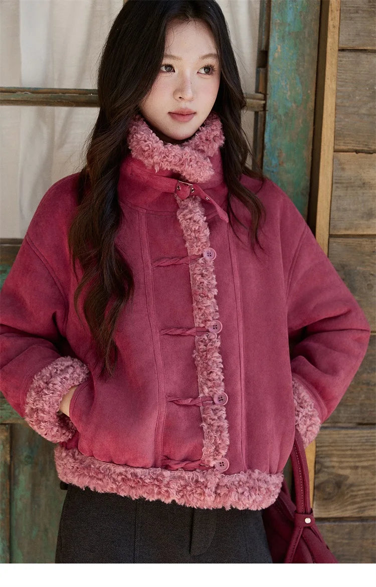 Mishow Dragon Fruit Red Suede Patchwork Coat MXE87W0942